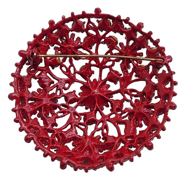 Large Round Red Rhinestone Brooch Enamel Floral Metal Pin Circle Cluster Dome - Picture 9 of 10